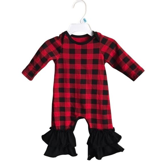 Baby Girl Red and Black Buffalo Plaid Ruffled Pant Romper - Picture 1 of 8